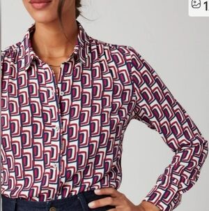 UnTuckit Natalie Geometric Long Sleeve Button Up Blouse Red Black Womens Size 0